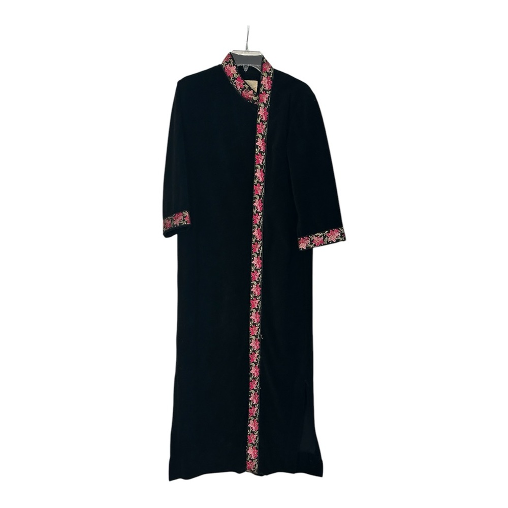VTG Loungees Women's Velour Kaftan Robe Sz 10 Black Floral Embroidered Trim READ